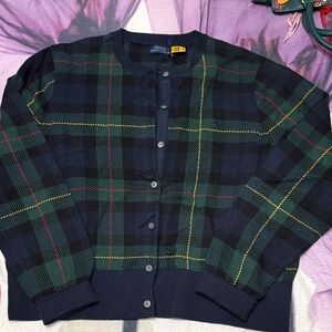 Polo by Ralph Lauren Tartan Cardigan - Navy, Green, and Yellow.  Blue polo pony